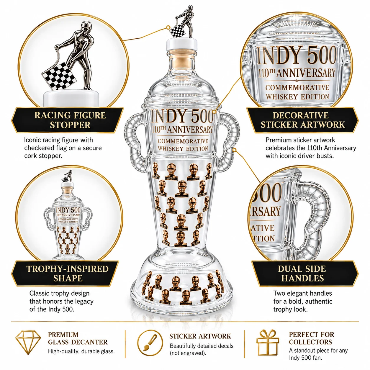 Racing Champion Style Glass Whiskey Decanter Commemorative Liquor Bottle Speedway Theme Display Gift for Men