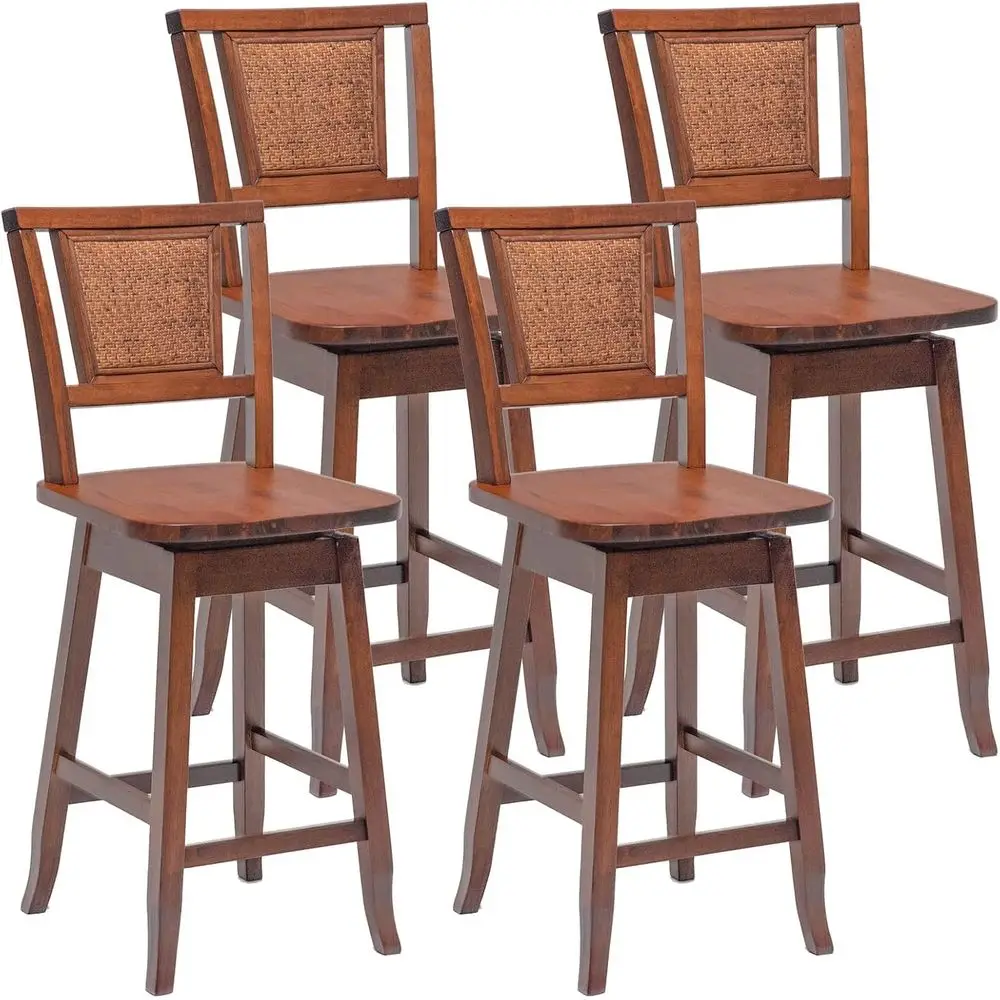 

Set of 4, 24.5 Counter Height Bar Stools with Rattan Back, Swivel Seats, Comfortable Footrests, Rubber Wood for Kitchen Island o