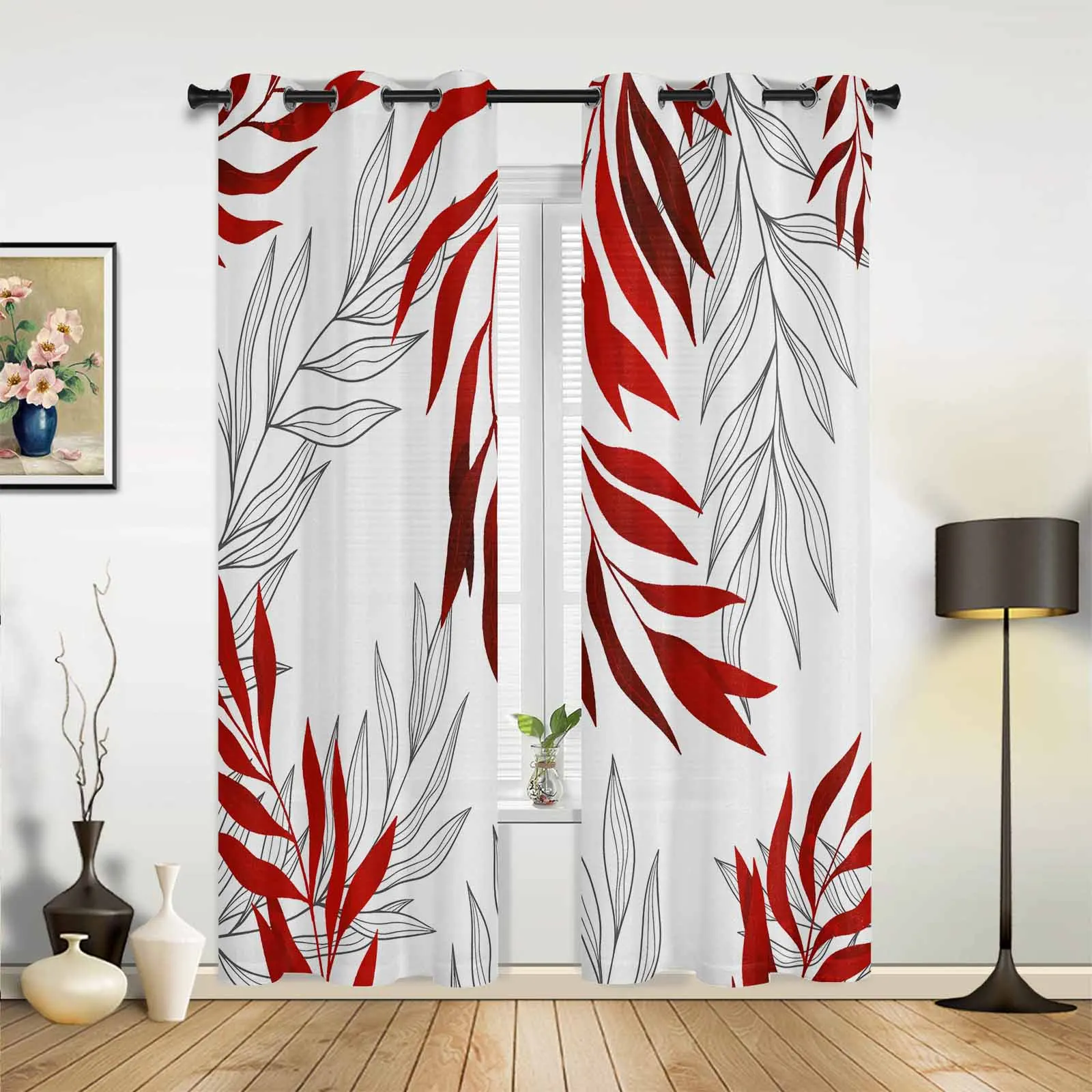 Willow Leaf Lines In Red Modern Hall Curtains for Living Room Bedroom Window Curtains Panels Drapes