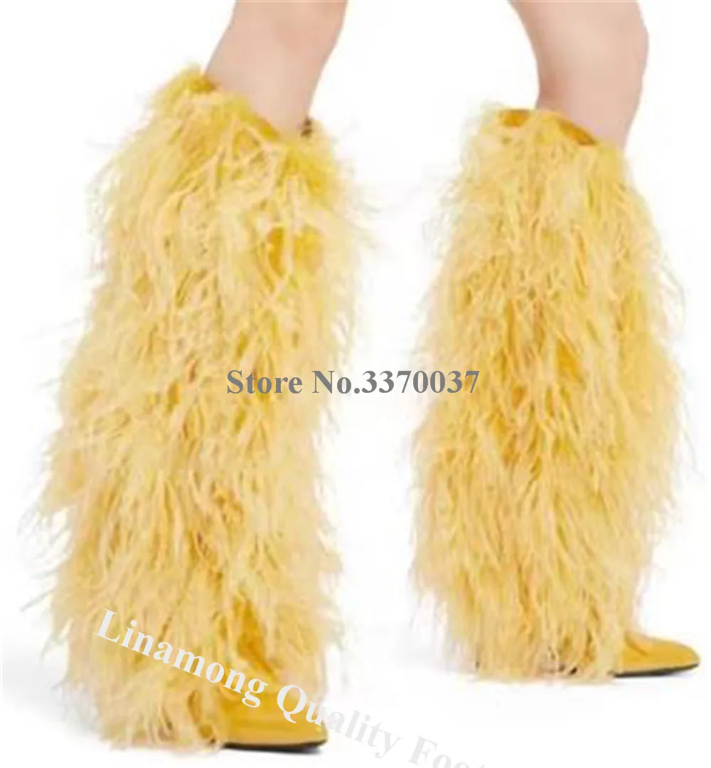 Linamong New Fashion Long Fringes Fur Thin Heel Knee High Boots Black Pink Yellow Stiletto Heel Long Boots Big Size