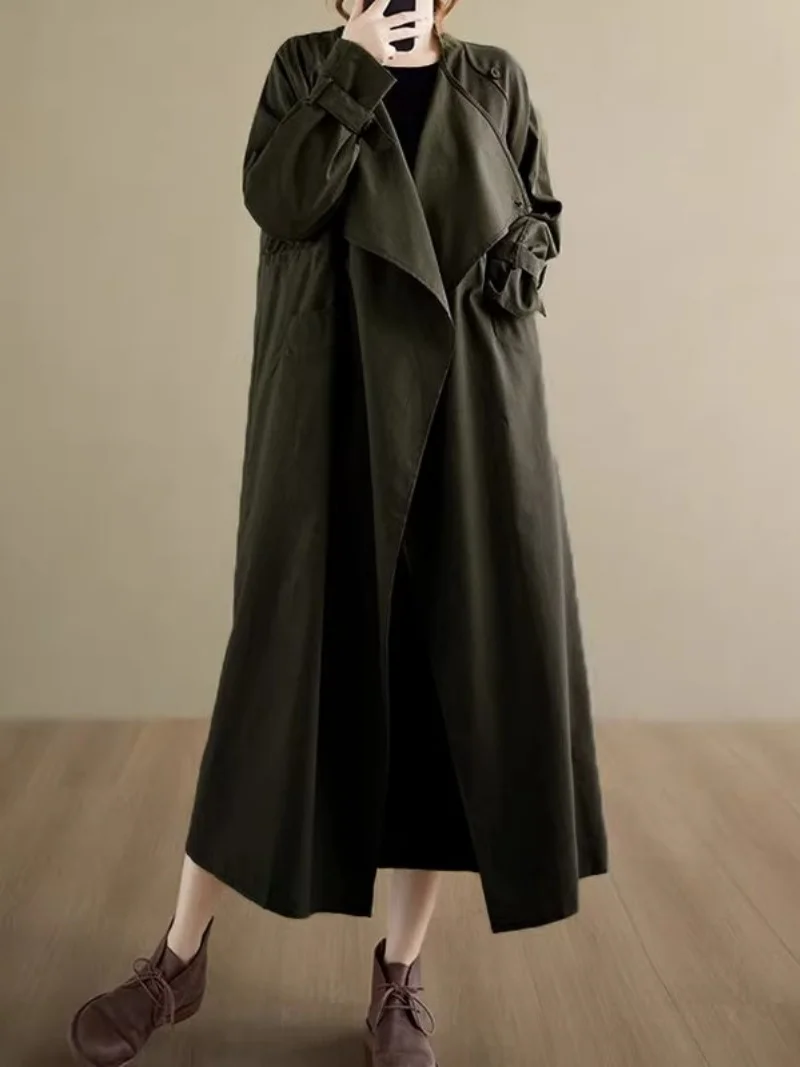 Trendy 2026 Spring Autumn Women Trench Coat Big Collar Loose Fitting Korean Style Outfit Long Windbreaker W859
