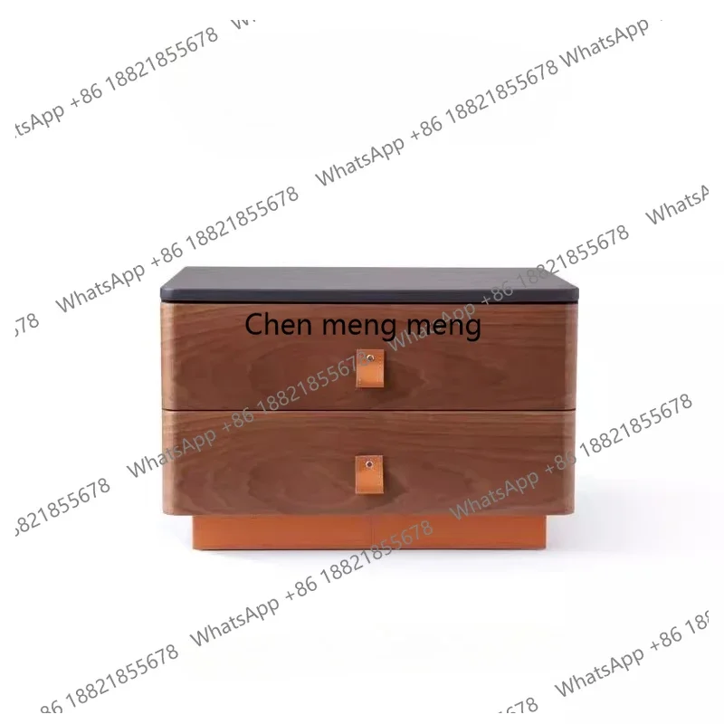 

New Italian Minimalist Saddle Leather Bedside Table Solid Wood Light Luxury Bedroom Nightstand