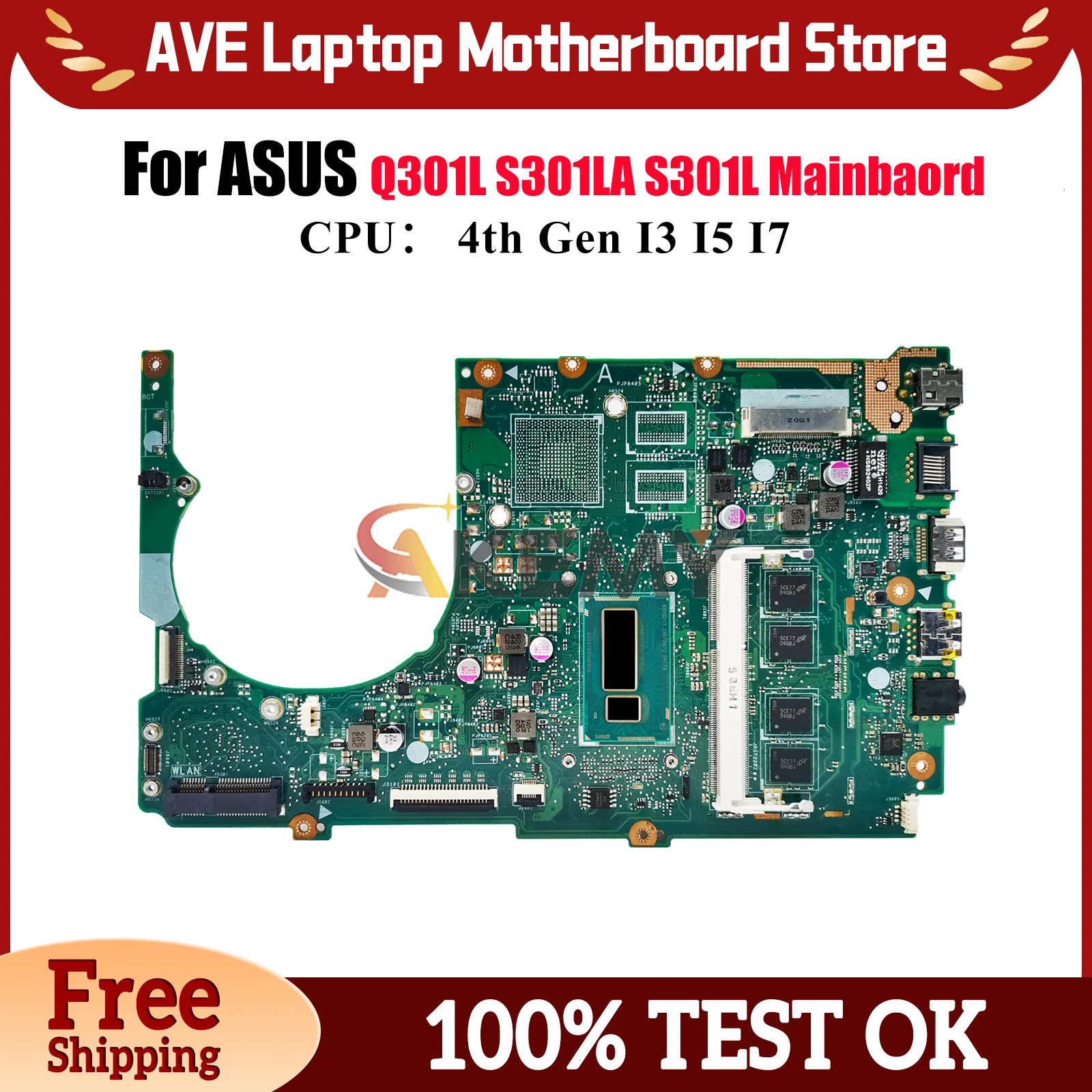 

S301LA Laptop Motherboard For ASUS VivoBook Q301L S301L S301LA S301LP Notebook Mainboard W/ I3 I5 I7 CPU 100% tests OK fast ship