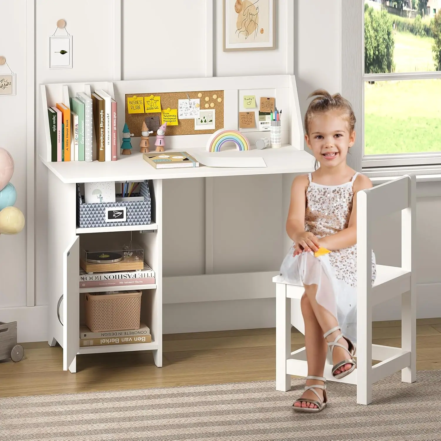 Mesa infantil branca com cadeira, mesa de estudo de madeira para meninos e meninas, mesa de computador infantil com gavetas de armazenamento, gaiola, estante