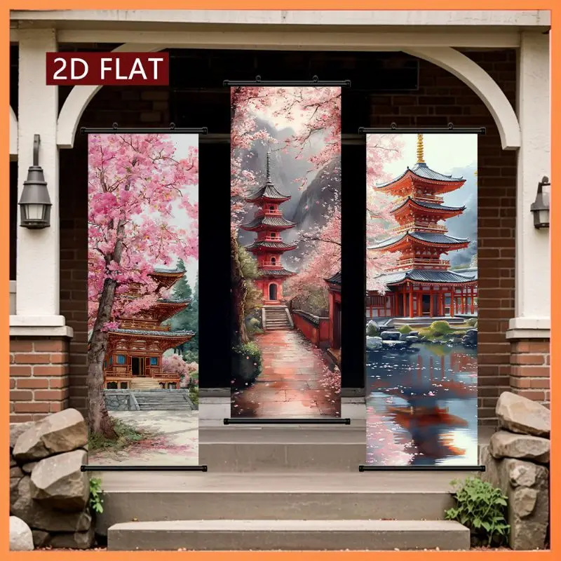 VIKAMA Sakura Five-story Pagoda Wall Tapestry Red Tower Water Reflection Japanese Scroll Art Home Decor Lovely Gift Soft Durable