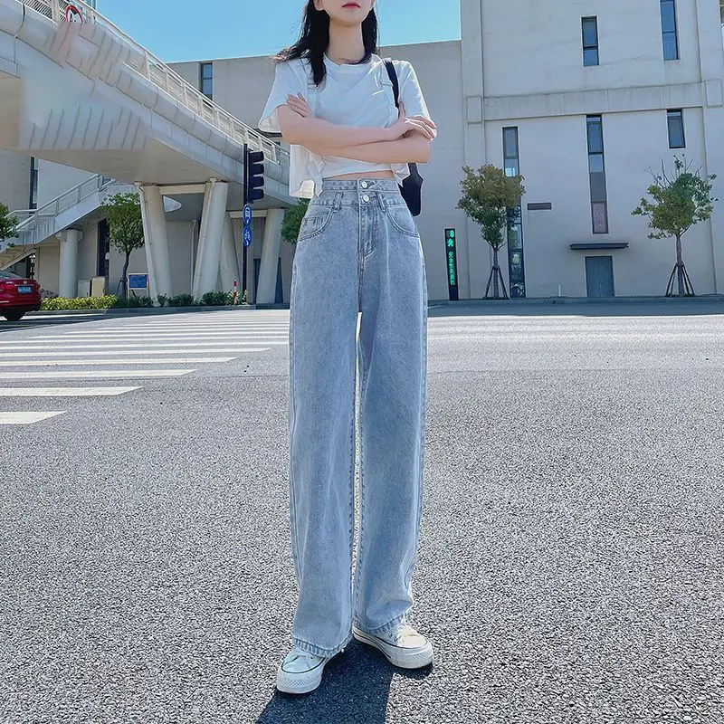 

Женские джинсы с высокой талией и широкими штанинами, весенняя новинка, тонкие, свободные, прямые, в пол, повседневные, однотонные