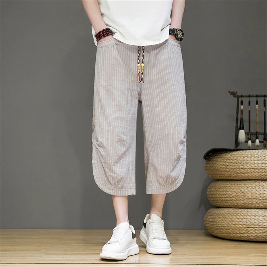 

Summer Calf-length Pants Men Hip Hop Streetwear Chinese Style Stripe Pants Male Loose Pants