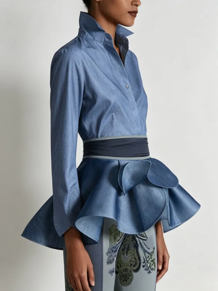 Modigirl Women‘s Vintage Blue Blouses 2024 Autumn Buttoned Ruffled Lapel with Belted Class Long Sleeves Shirts Tops for Women