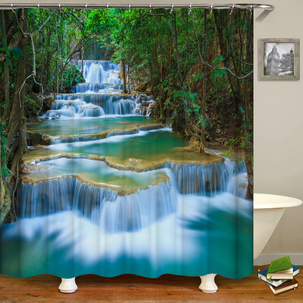 Cenário natural cortina de chuveiro tecido à prova dwaterproof água cortinas do banheiro com ganchos 180x180cm paisagem tela banho decoração para casa