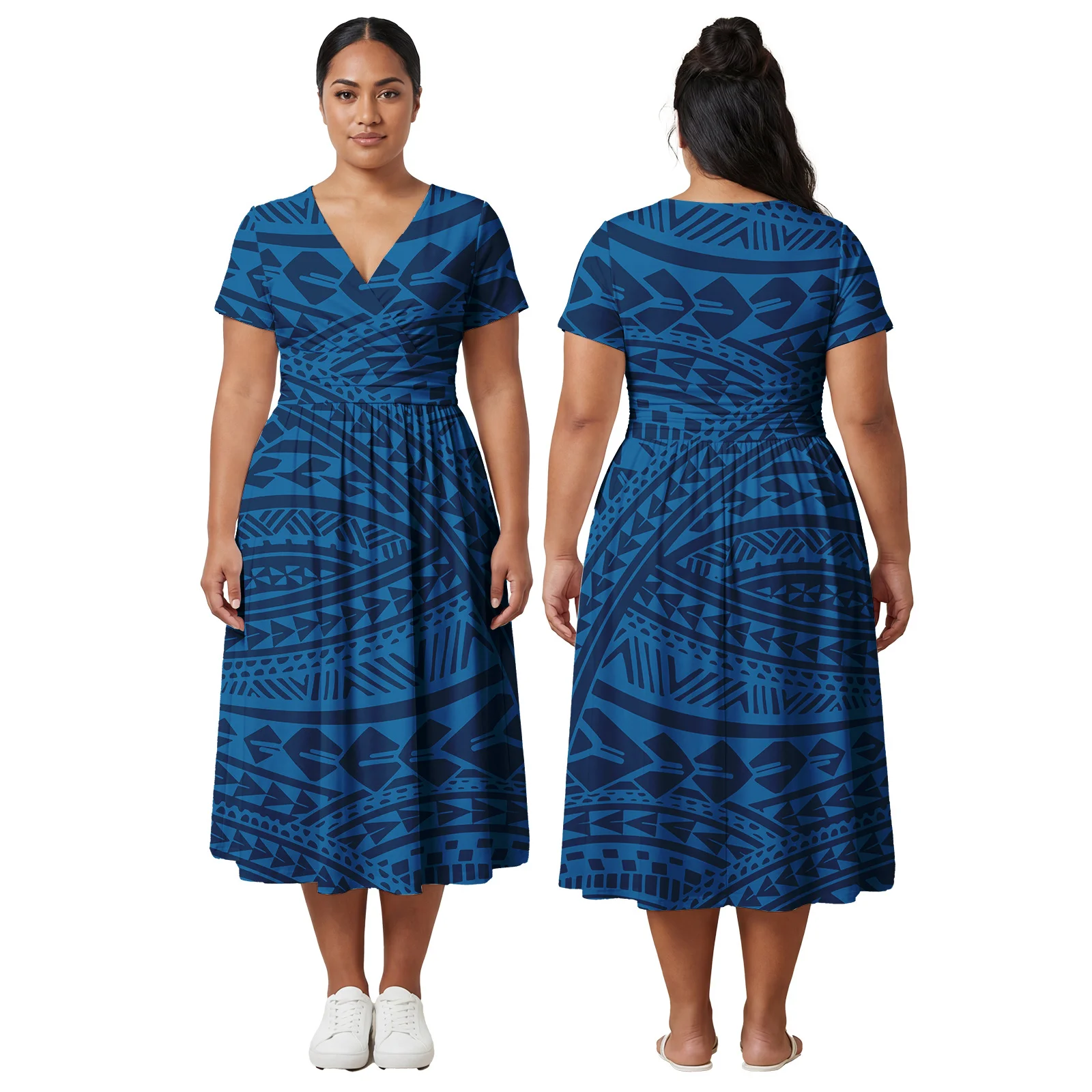 

High Quality Custom Clothes Hawaiian Beach Ladies Skirts Samoan Overlapping Collar Midi Dresses Polynesian Women Elegant Dress