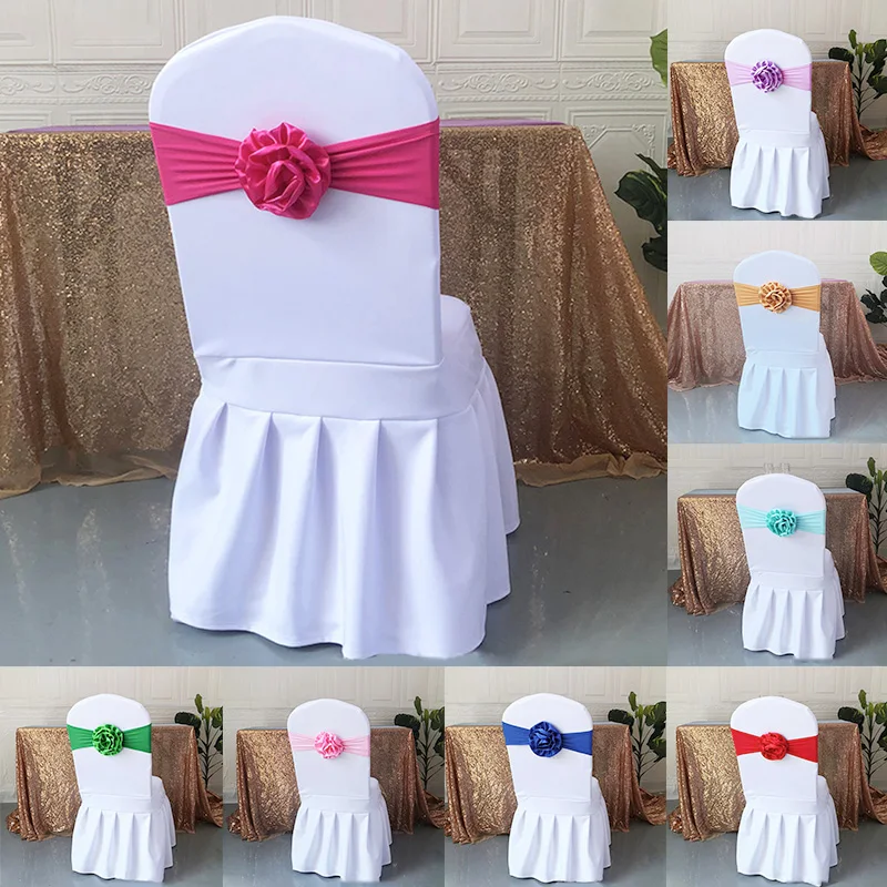 Solid Color Satin Chair Back Flower Grace Minimalist Wedding Chair Decorated Bow Flower Hotel Props Banquet Chair Elastic Strap