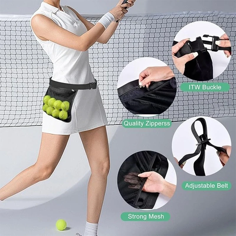 Portable Tennis Ball Pouch Waist Bag Pickleball Mesh Storage Pocket Holder Adjustable Golf Ball Training Waist Pack