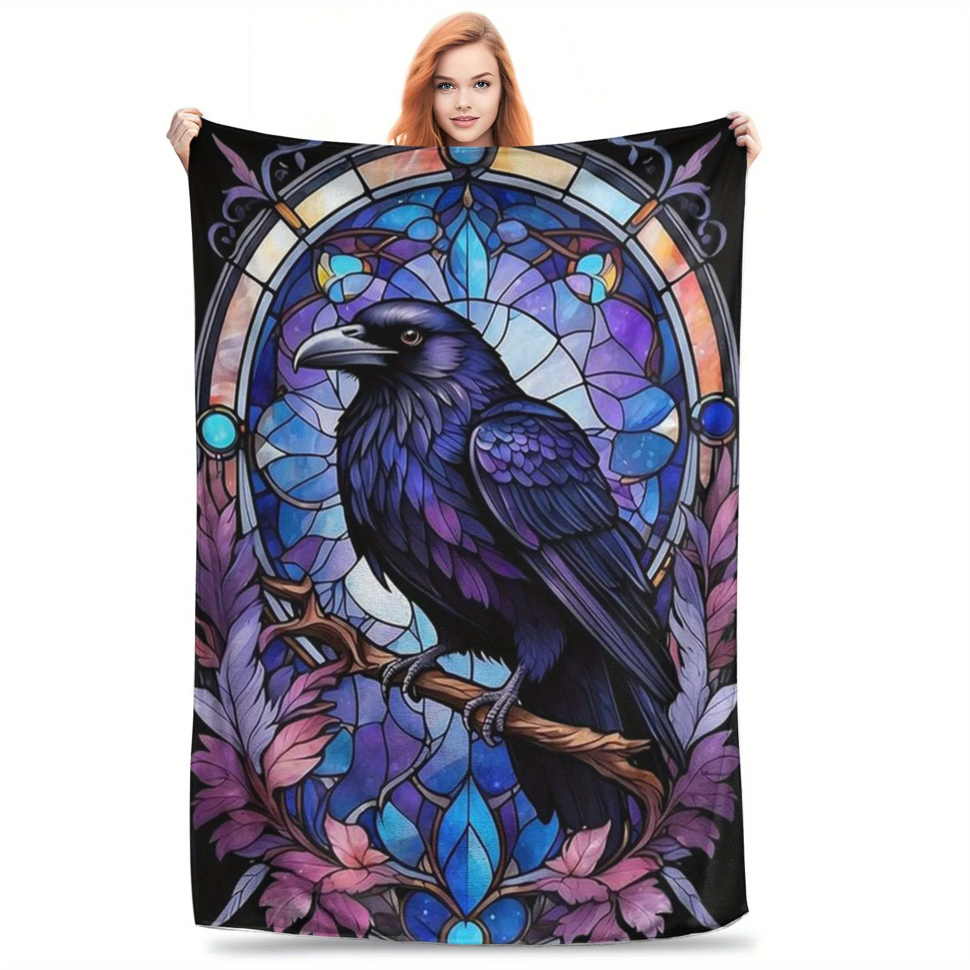 Vibrant Purple Raven Print Fleece Blanket Soft Comfortable Creative Theme Design for All Seasons Use