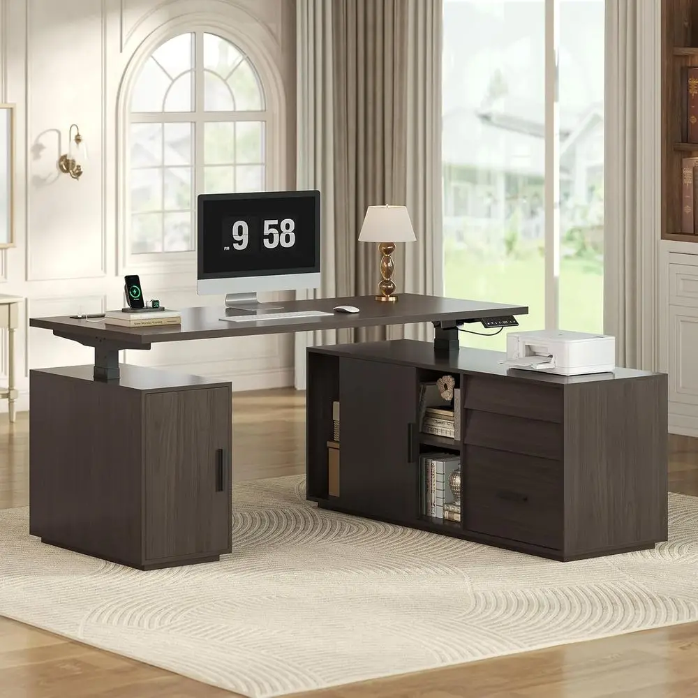 L-Shaped Electric Desk with 3 Drawers, Power Outlet, 55.1 x 47.2 Adjustable Height, Home Office Executive Desk with File Cabinet