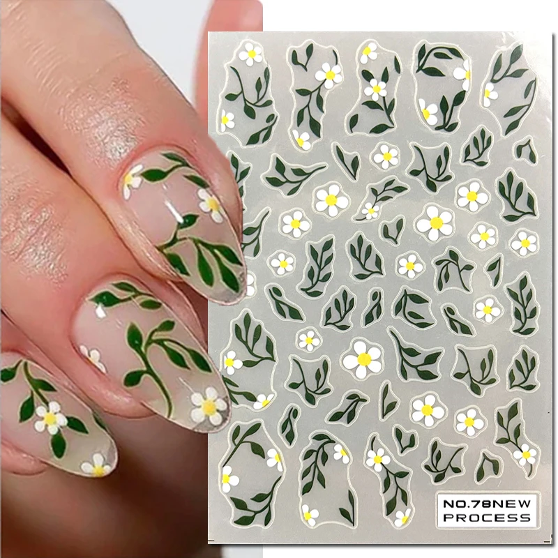 3d Nail Art Decals New Ultrathin White Petals Florals Flowers Invisible Green Leaves Nail Stickers Decoration For Manicure