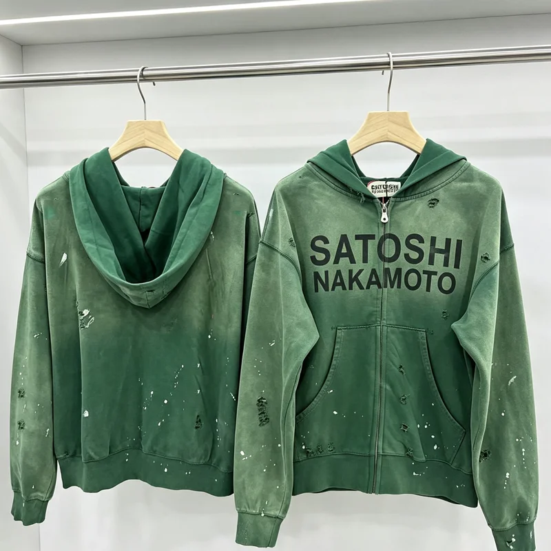 High Street Hip Hop Men Women Satoshi Nakamoto Heavyweight Hoodies Autumn Winter Trend Distressed Worn Out Sweatshirts
