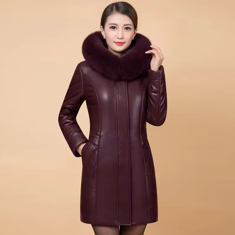 Middle Aged Women's PU Leather Jacket Winter New Thicken Warm Leather Parkas Coat Fur Collar Hooded Down Cotton Overcoat Female