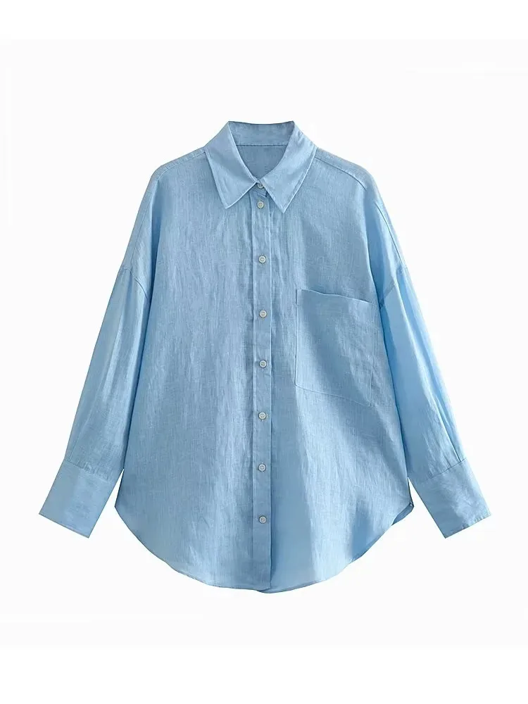 TRAF Linen Women Shirt 2023 Long Sleeve Blue Loose Blouses Streetwear Button Up White Woman Blouse Summer Casual Black Shirt