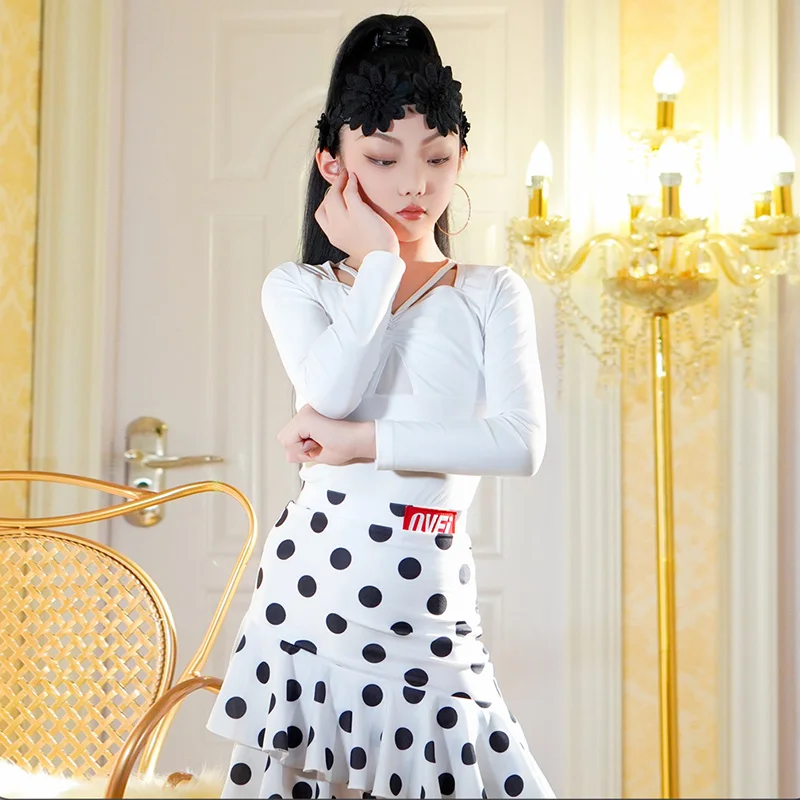 

Детские костюмы для латинских танцев для девочек, белое боди с длинными рукавами и тренировочные черные юбки в горошек, детская одежда для бальных танцев, румбы