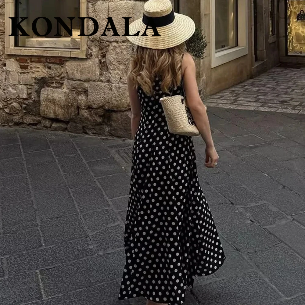 ชุดเดรสยาวทรงเอไลน์สีขาวลายจุดสุดชิค แบรนด์ KONDALA รุ่น Elegant Black Tank เหมาะสำหรับใส่ไปเที่ยวทะเล แฟชั่นปี 2025 สไตล์สตรีทแวร์ แขนกุด ลำลอง ความยาวปานกลาง
