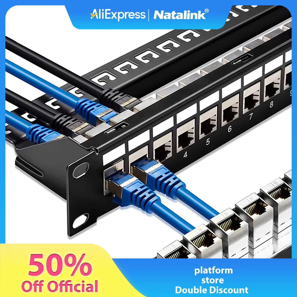 Natalink 24 Port RJ45 Patch Panel Cat6 Feed Through, Coupler Network Patch Panel 19 Inch, Inline Keystone Ethernet Patch Panel