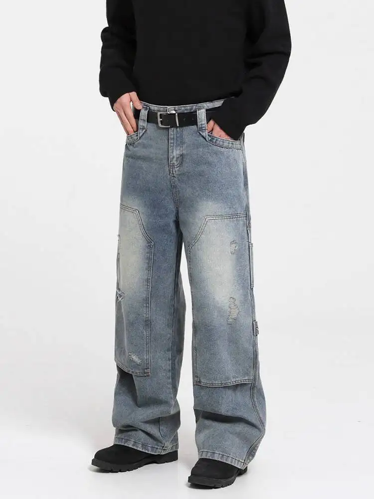 

SYUHGFA 2025, зимние нишевые дизайнерские мужские винтажные джинсы с дырками, потертые повседневные джинсовые брюки, универсальные прямые брюки с мужской подошвой