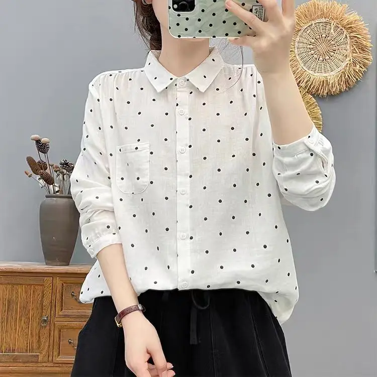 Casual Loose Women's Cotton irt Floral Print Turn-down Collar Long Sve Top Trendy Base Layer Loose Fit Autumn Faion