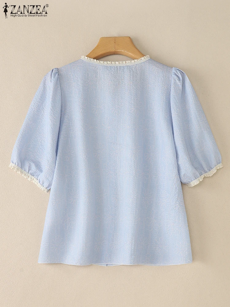 ZANZEA 夏の女性のレーストップスファッションシャツ 2025 半袖チュニックブラウスカジュアルルーズ無地パフスリーブ甘い Blusas