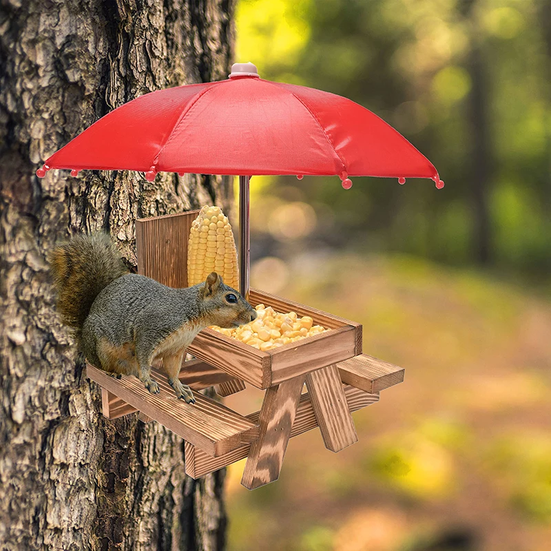 Wooden Squirrel Feeder Bird Squirrel Feeder Creative Pet Dining Table With Bench Hanging Feeding Table Mini Umbrella Ornament