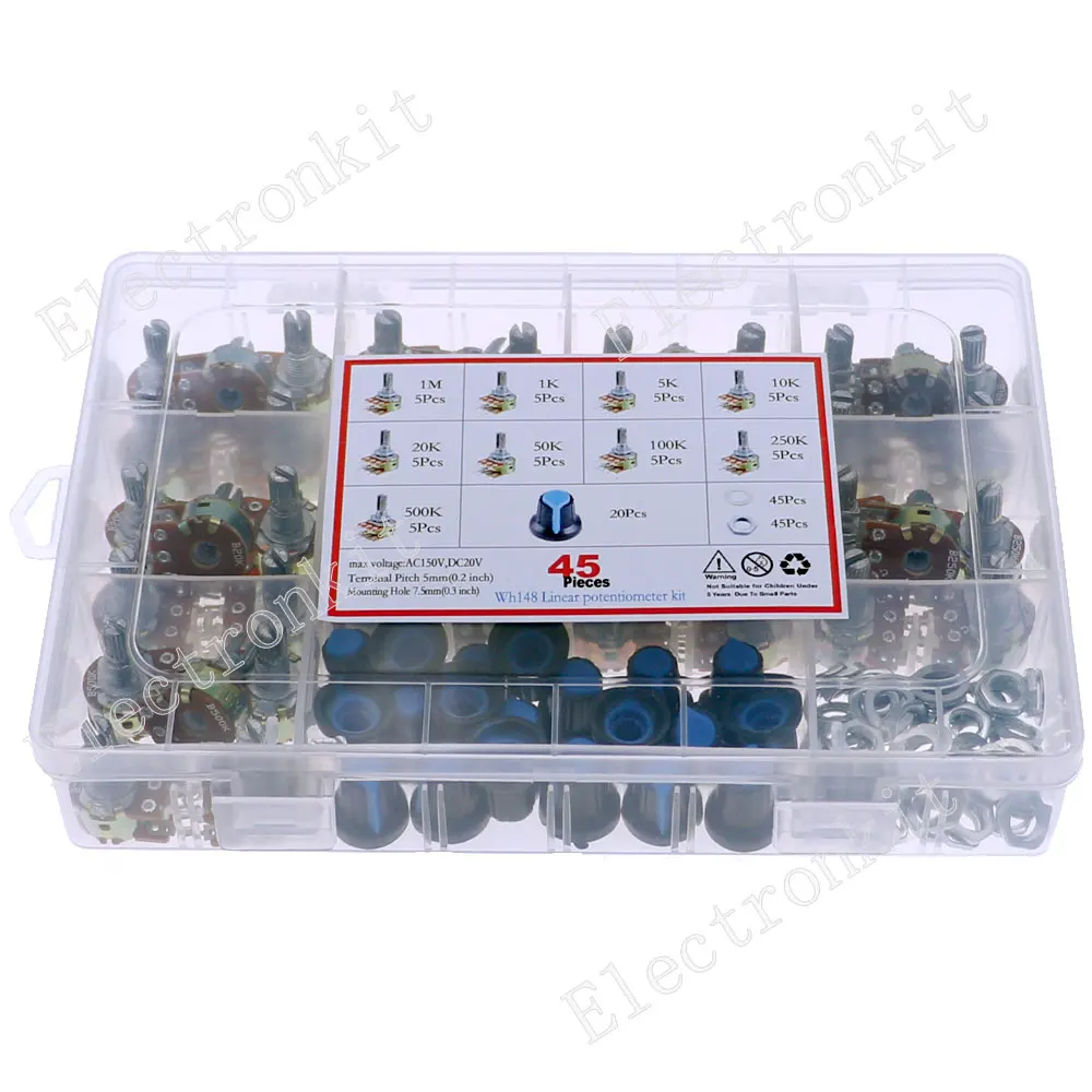 45pcs Wh148 Dual Gang Stereo 6pin Potentiometer kit 1k 5k 10k 20k 50k 100k 250k 500k 1M with knobs Single Shaft Nuts+BOX