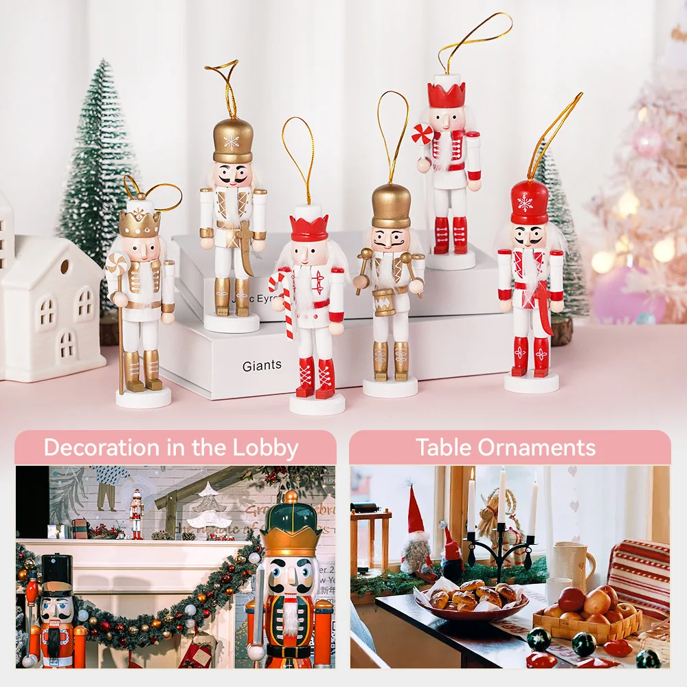 5 Stuks Notenkraker Soldaat Kerstboom Hangende Hangers Set Houten Pop Creatieve Mini Handwerk Cadeau Versiering Huisdecoratie