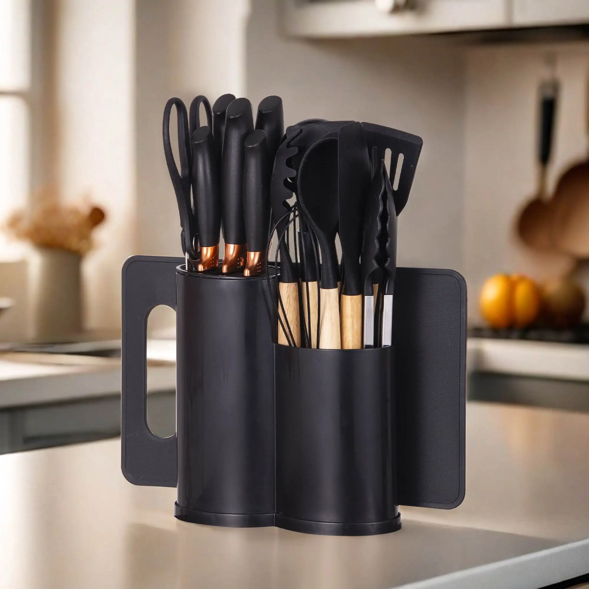 19Pcs Kitchen Knife Block Set,Sharp Stainless Steel Knives with Cutting Board & Scissors,All-in-One Kitchen Starter Set.