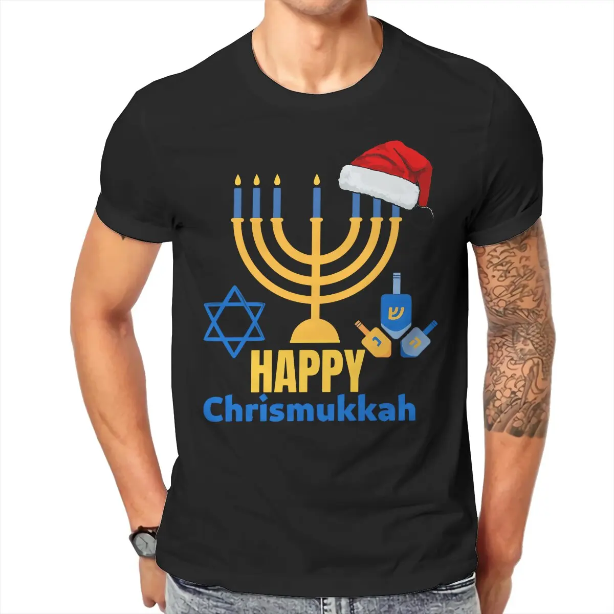 Happy Hanukkah Pattern 100% Cotton TShirts Jewish Distinctive Men's T Shirt Hipster Tops Size S-6XL