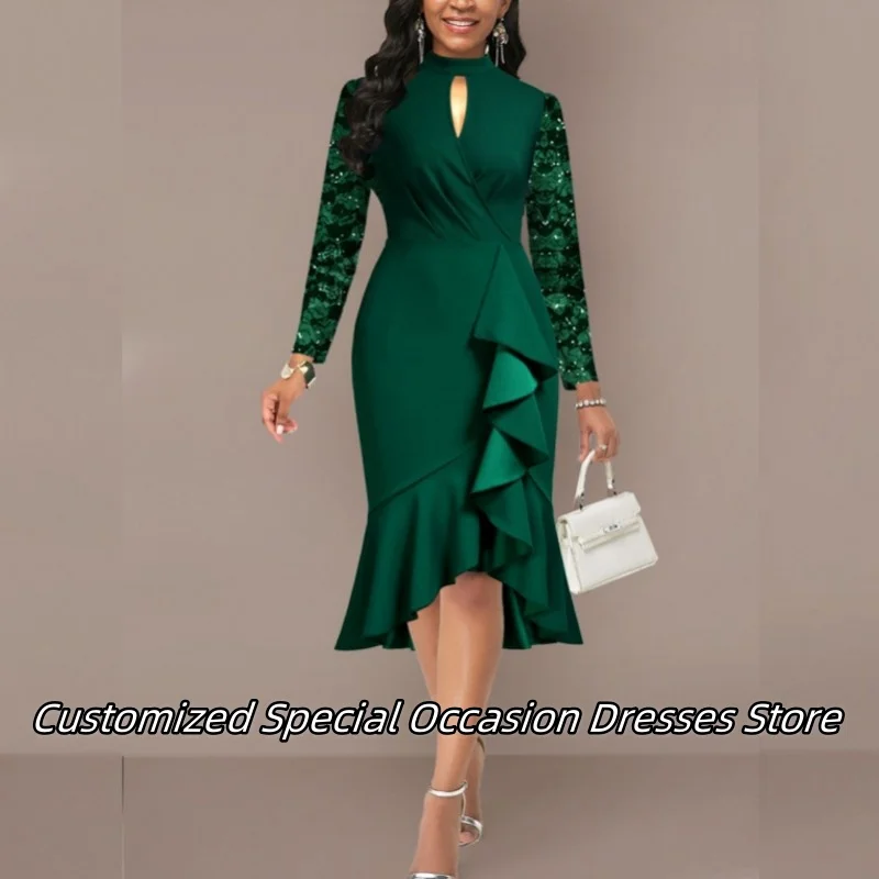 Vestidos de Noche verdes hasta el té con cuello alto y apliques de cuentas, vestido elegante para madre, ocasión Formal, vestido de graduación de lujo personalizado