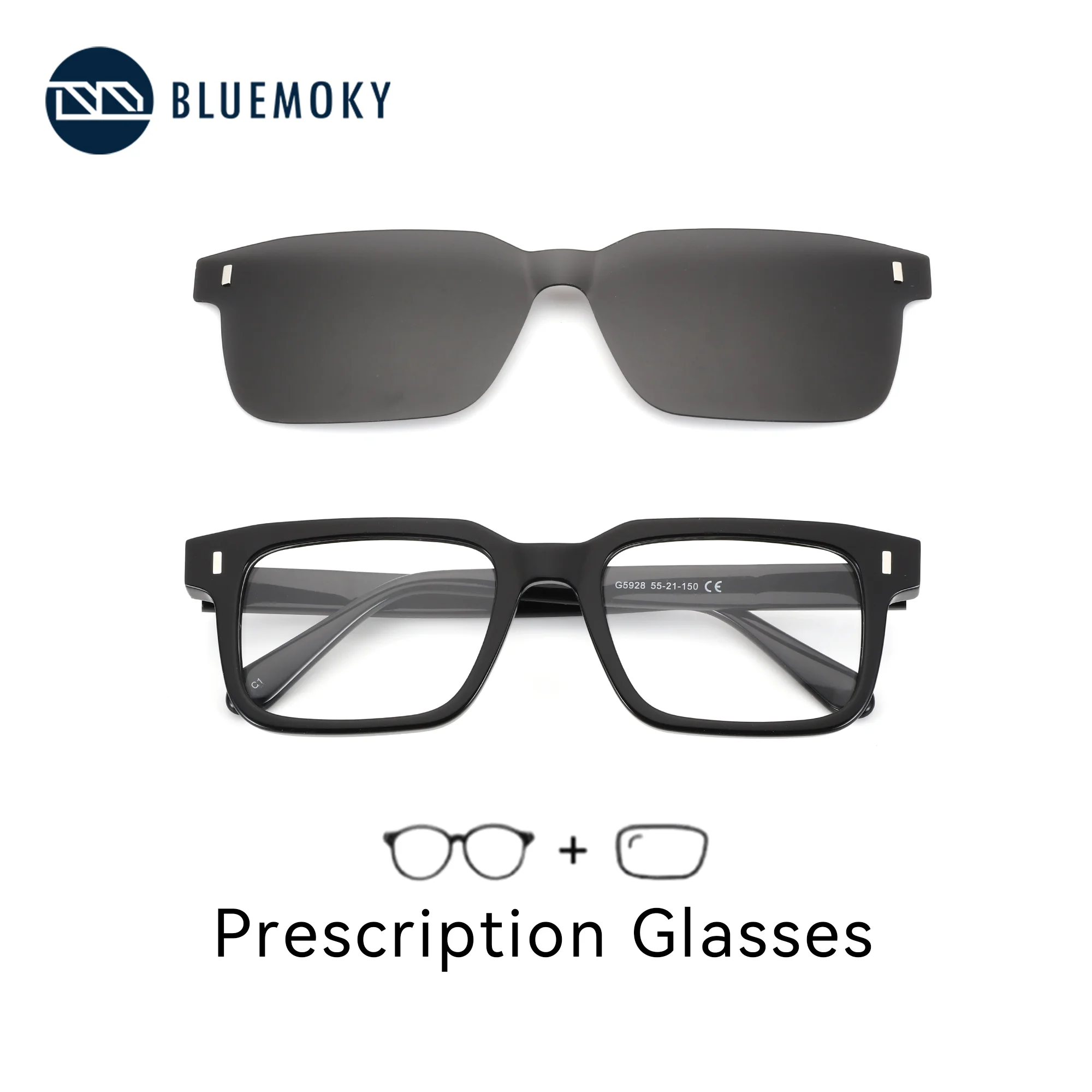 

BLUEMOKY M Size Two In One Prescription Glasses Set Men Square Acetate Frame With Clip On Myopia/Progressive Lenses