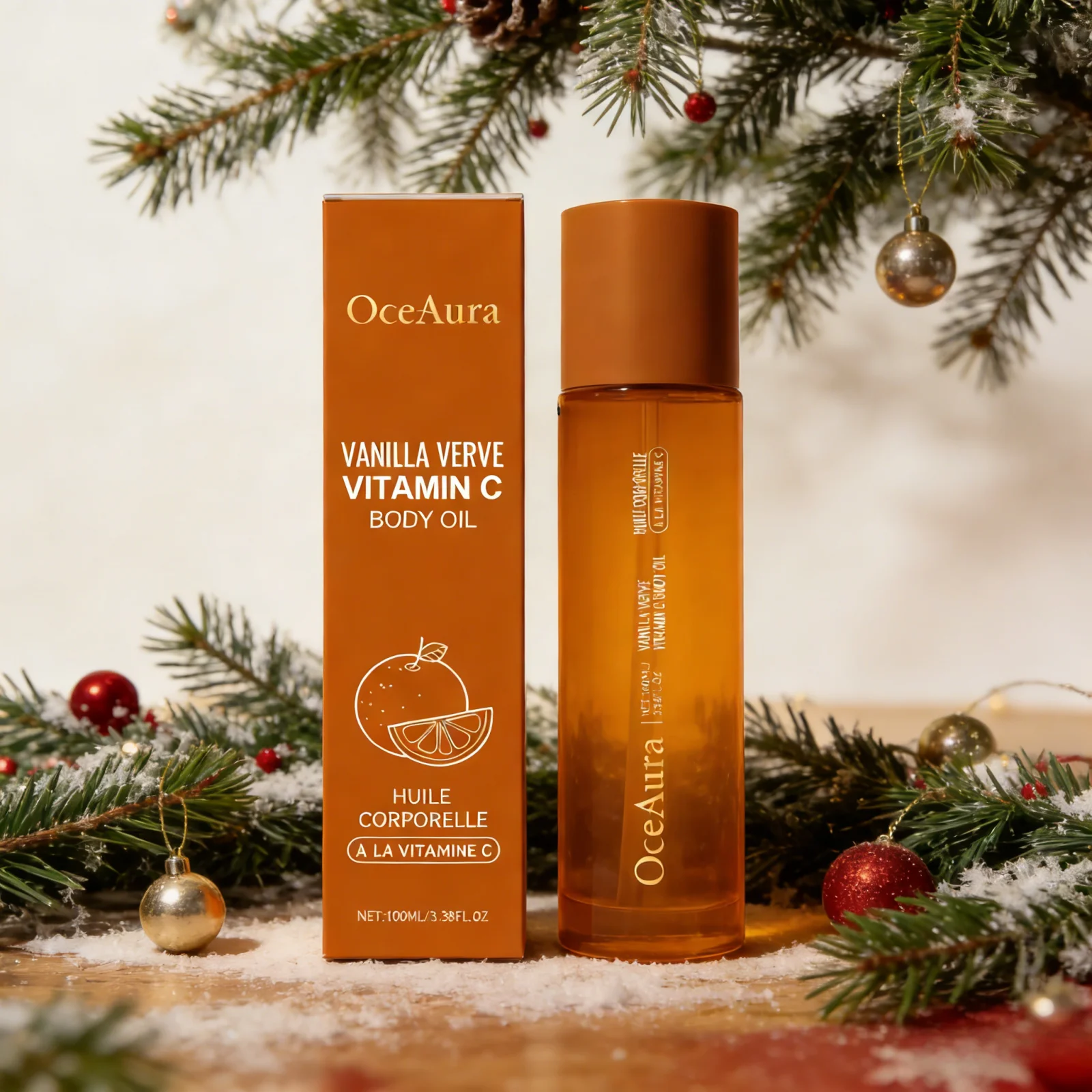 OceAura Vitamin C Body Oil for Glowing Skin Brightening Deep Hydration After Shower Vanilla Verve Scented Body Massage Oil 100ml