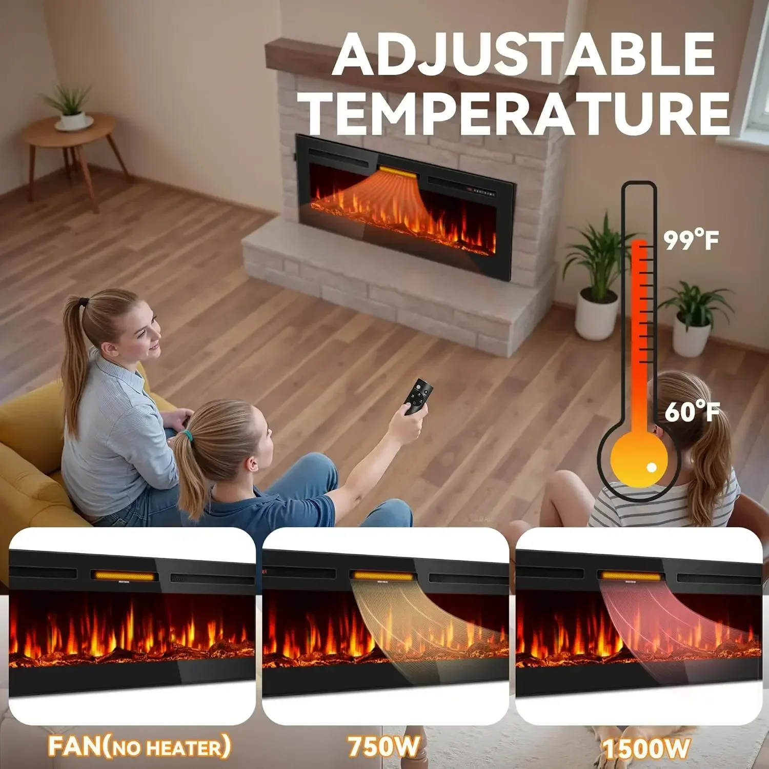 60 Inch Electric Fireplace in-Wall Recessed and Wall Mounted, Ultra-Thin Linear Fireplace Heater 750/1500W with Realistic Flame,