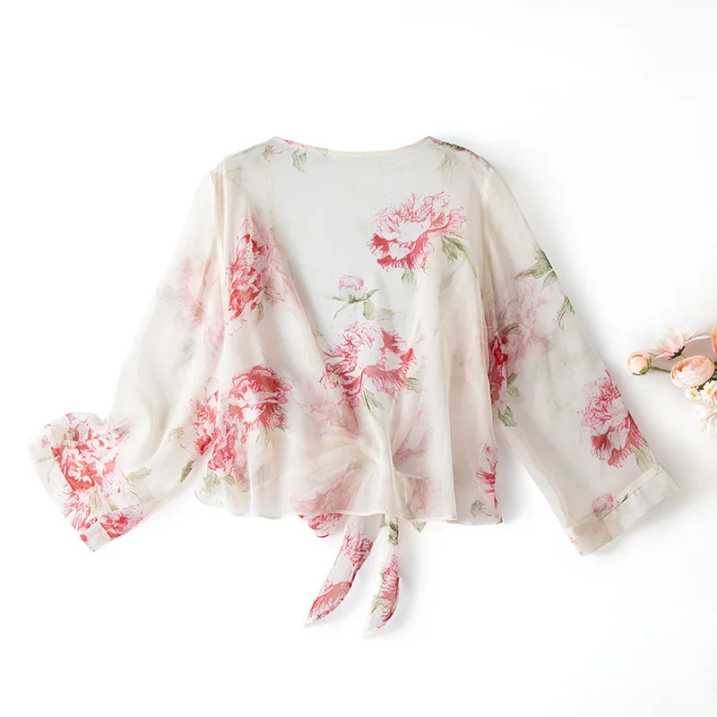 Winsleter-100% Silk Elegant Sunscreen Tops, 3/4 Sleeve Print Lace-up, Women Beach Vacation Short Coat, 2026 Summer New C65545CC