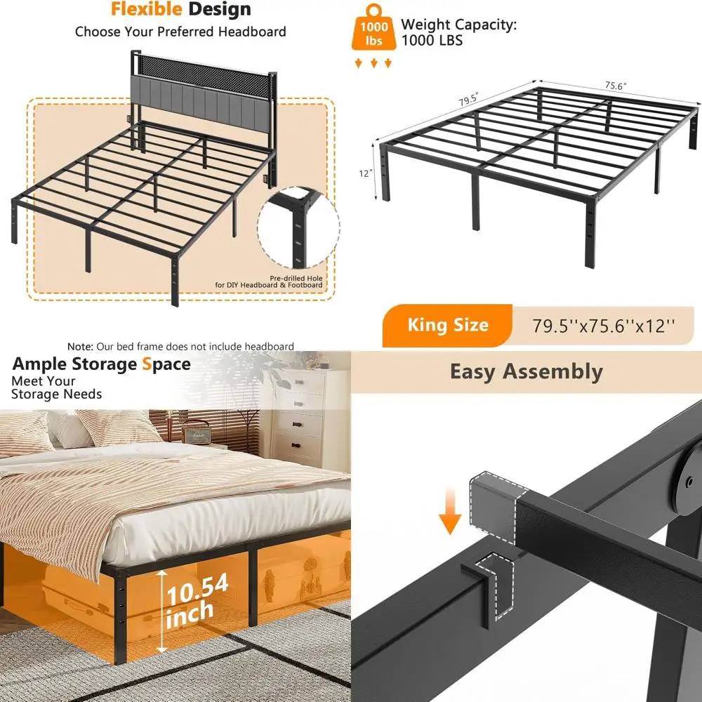 

12 Inch Heavy Duty Metal Platform Bed, Reinforced Steel Slats, No Box Spring Needed, Noise-Free, Easy Assembly, Ample Storage, B