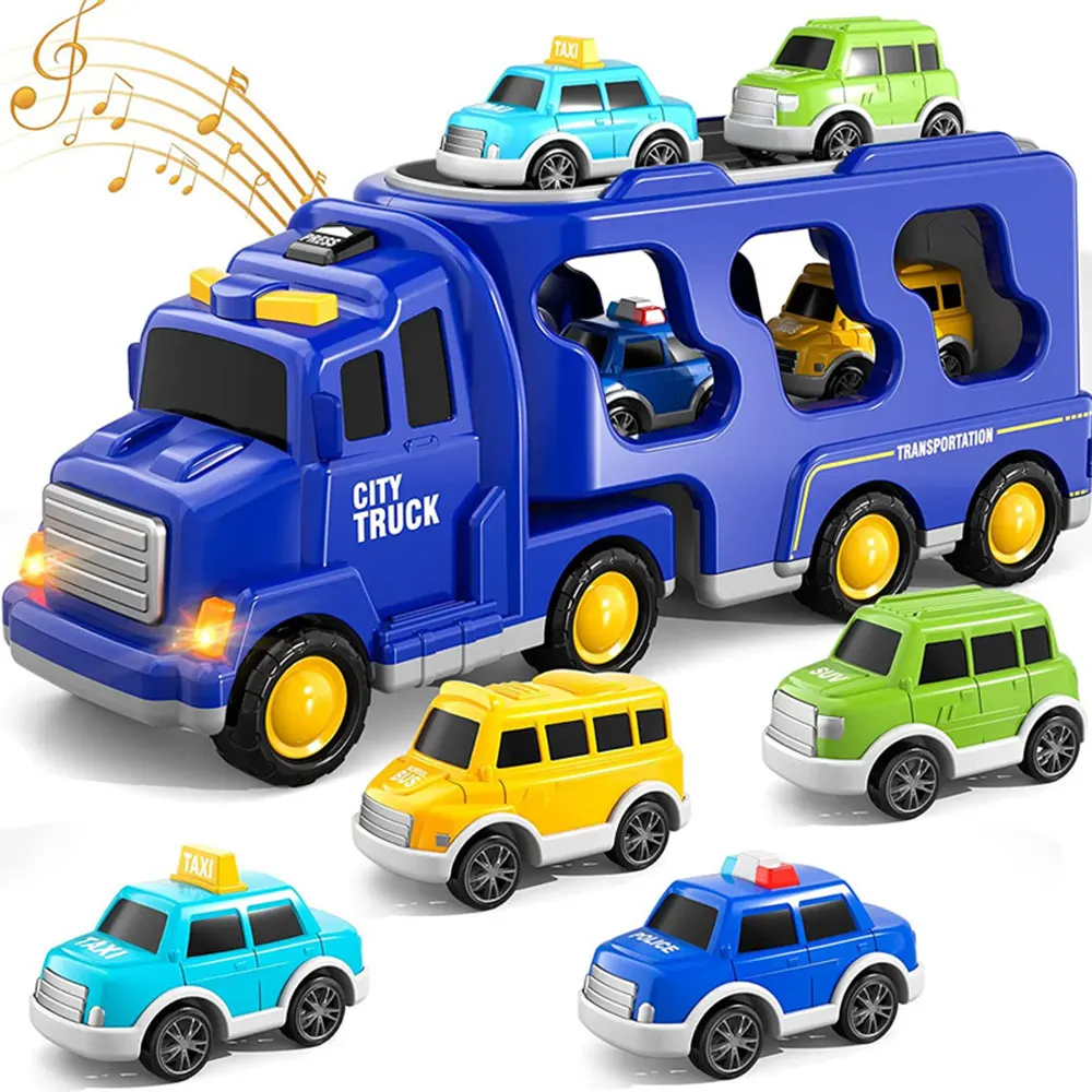 Toy Car Set Light And Music Transport Car With 4 Small Cars Boys Simulation Engineering Vehicle Truck Carrier Children\'s Toys