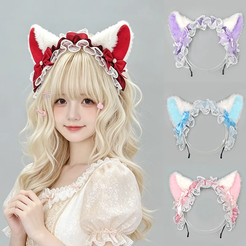 Sweet Plush Cat Ear Lace Headband Ribbon Bow Kawaii Ruffled Hair Accessory Barrettes Masquerade Lolita Cosplay Headpiece