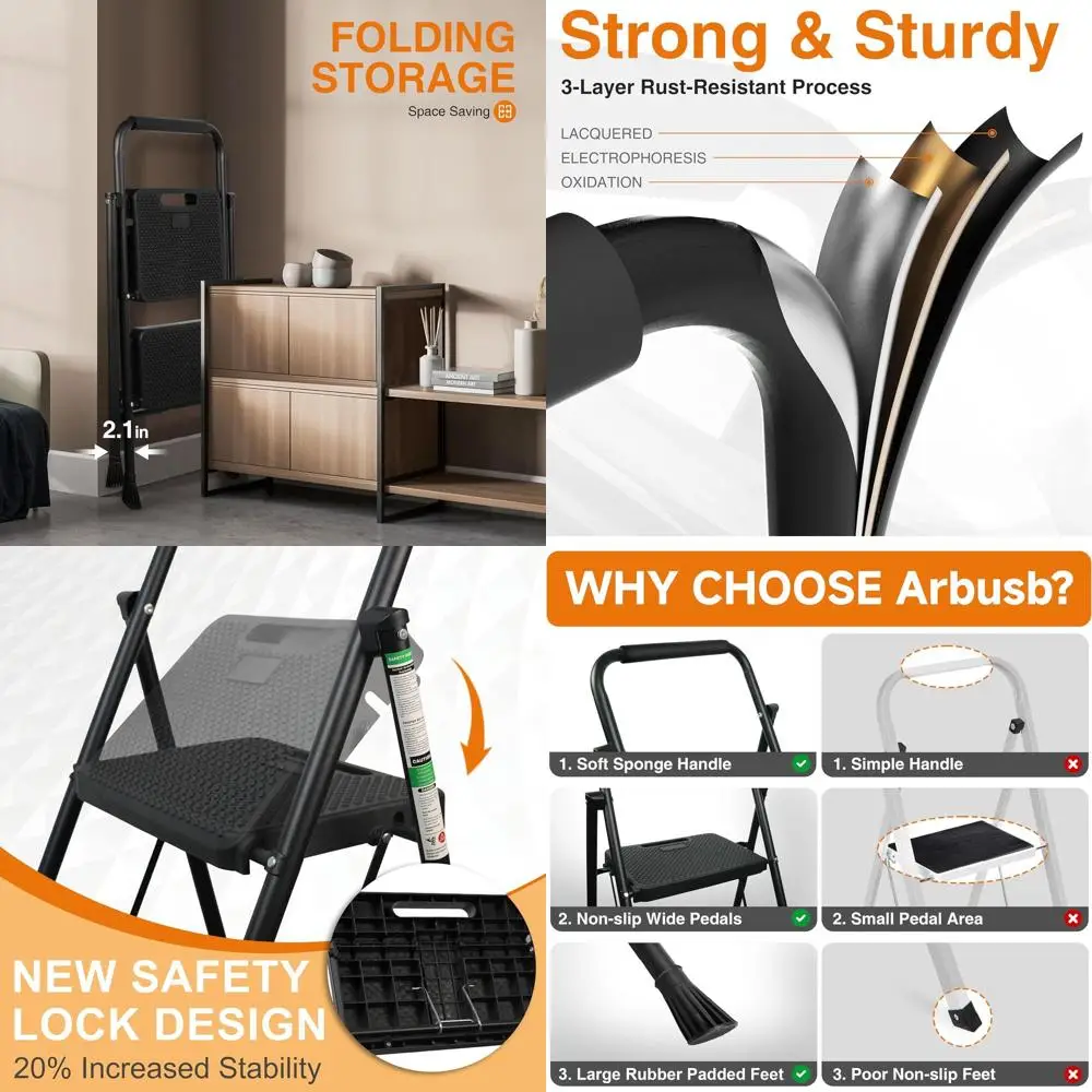 

Portable Folding Steel Ladder with Anti-Slip Treads, 500lbs Capacity, Black