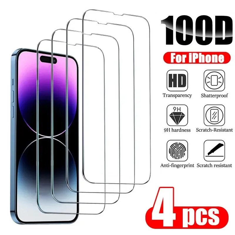 4Pcs HD Tempered Glass For iPhone 11 12 13 14 15 Pro Max 14 15 Plus Screen Protector 9H Glass for iPhone 11 15 14 Pro Max