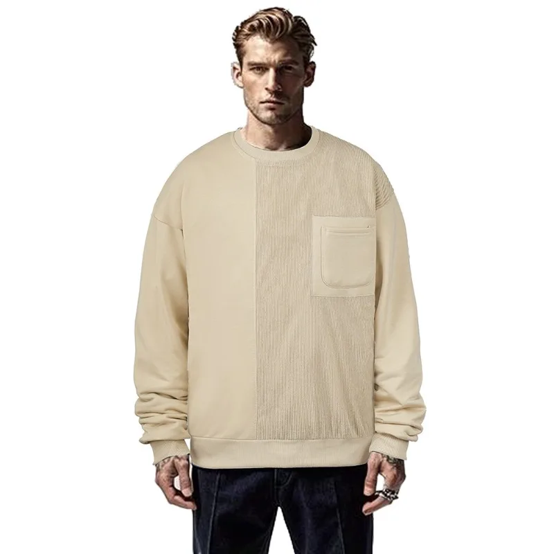 Men's Crew Neck Sweatshirt Vertical Striped Spliced Long Sleeve Pullover With Chest Pocket Ribbed Cuffs Casual Solid Color Tops