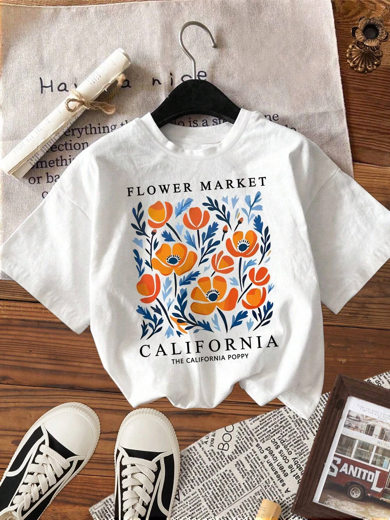 Yellow Flowers Market California Print T-Shirt Woman Soft Cotton Tee Top O-Neck Casual T Shirt Crewneck Sports Short Sleeve