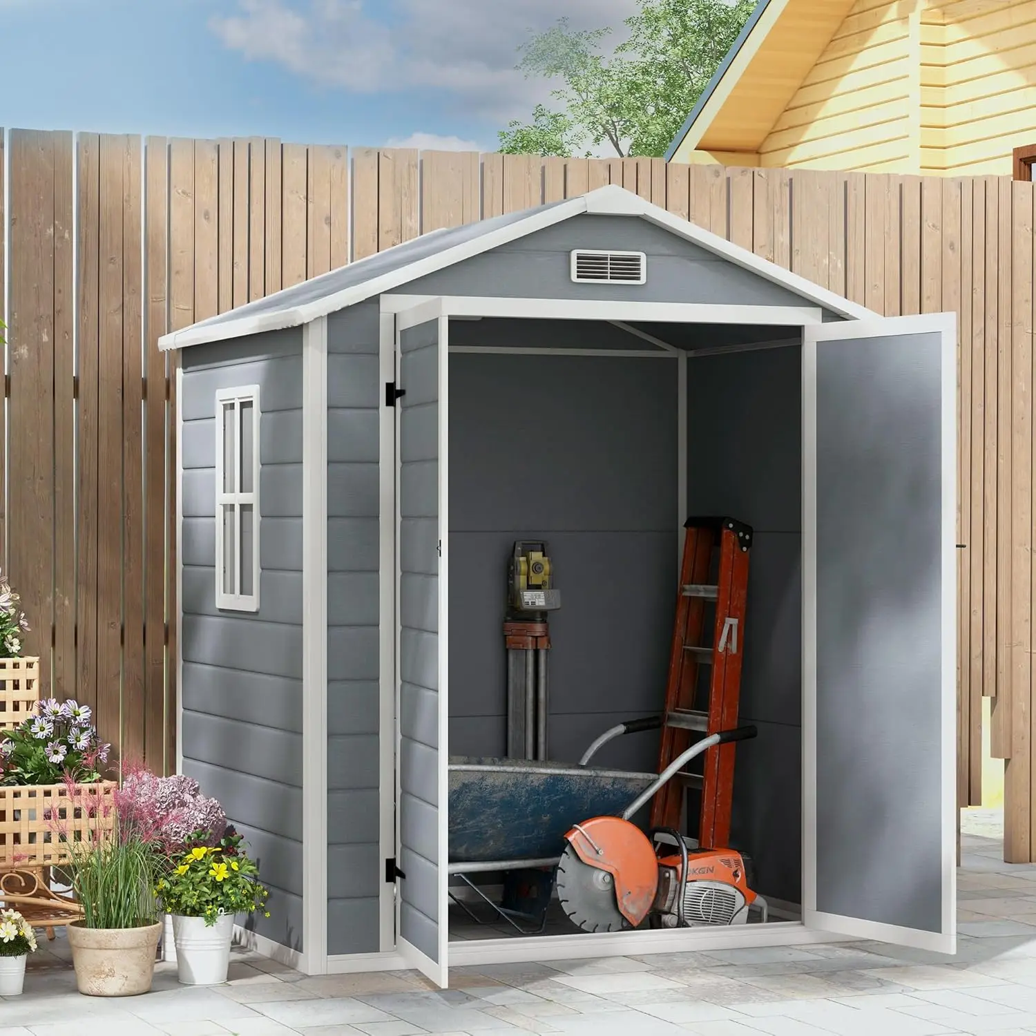 Outsunny Outdoor Storage Shed, 6' X 4.5' Garden Shed With Double Lockable Doors, Vent And Window, Plastic Utility Tool Shed For