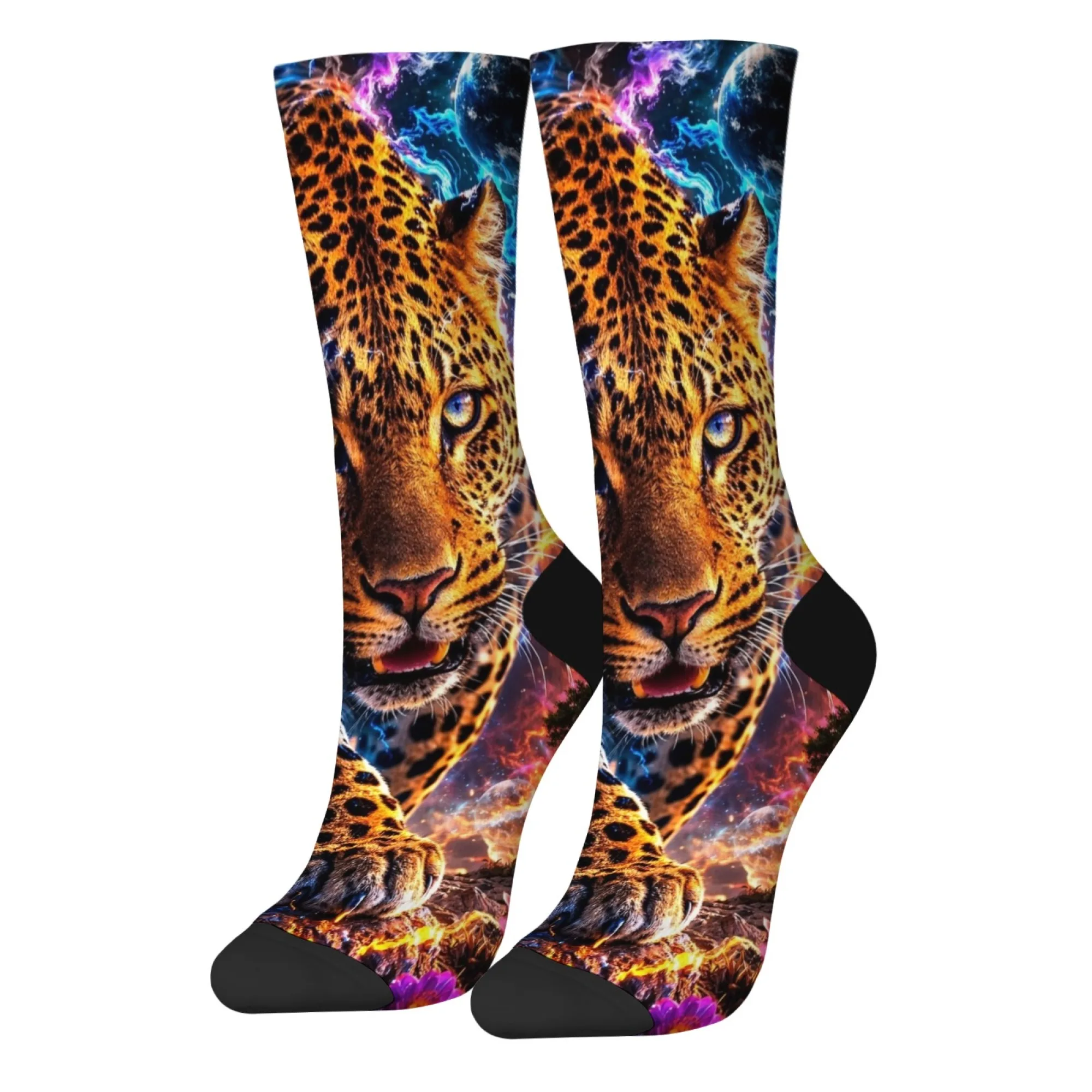 Neon Lightning Leopard Men's Socks Cyberpunk Style Novelty Funny Hip-hop Socks Breathable Non-slip Casual Fashion Socks Gift