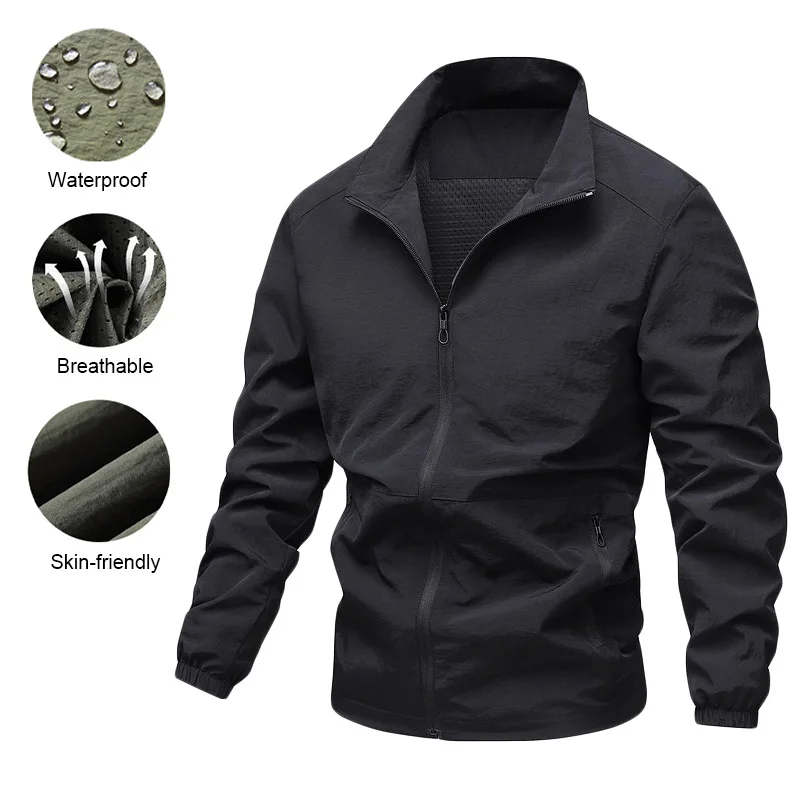 

Autumn New Men's Jacket Tactical Outdoor Sports Climbing Hiking Jacket Solid Color Zipper Design Lapel Lightweight Outwear