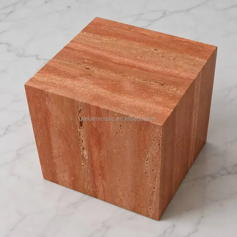 Natural Red Travertine Cube Side Table Solid Stone Accent End Table Modern Minimalist Indoor Outdoor Living Room Furniture