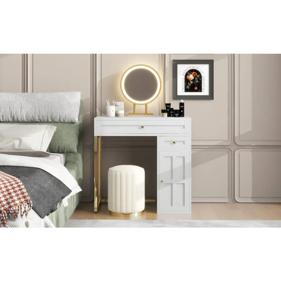 31.5インチの化粧台、ライト付きミラー、2つの引き出しと1つのキャビネット付きの豪華なドレッシングテーブル、B用の3つの照明モードをご用意